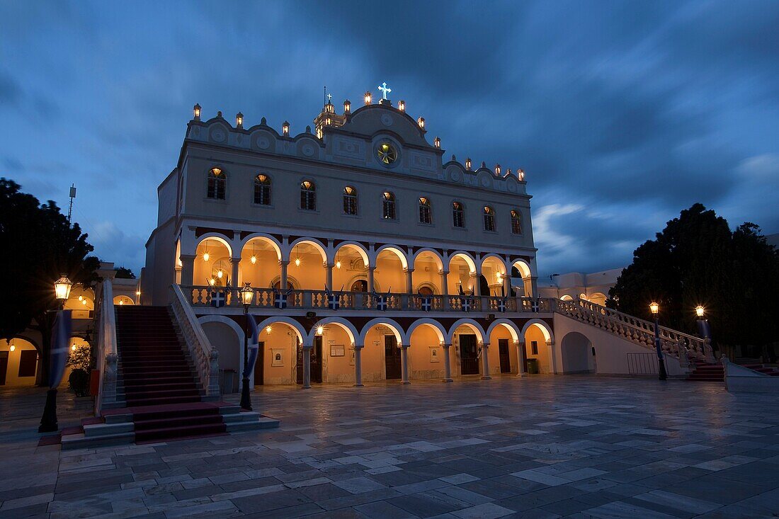 View to the Panagia Evangelistria-Our Lady of Tinos church by night, Hora, Tinos, Cyclades Islands, Greek Islands, Greece, Europe