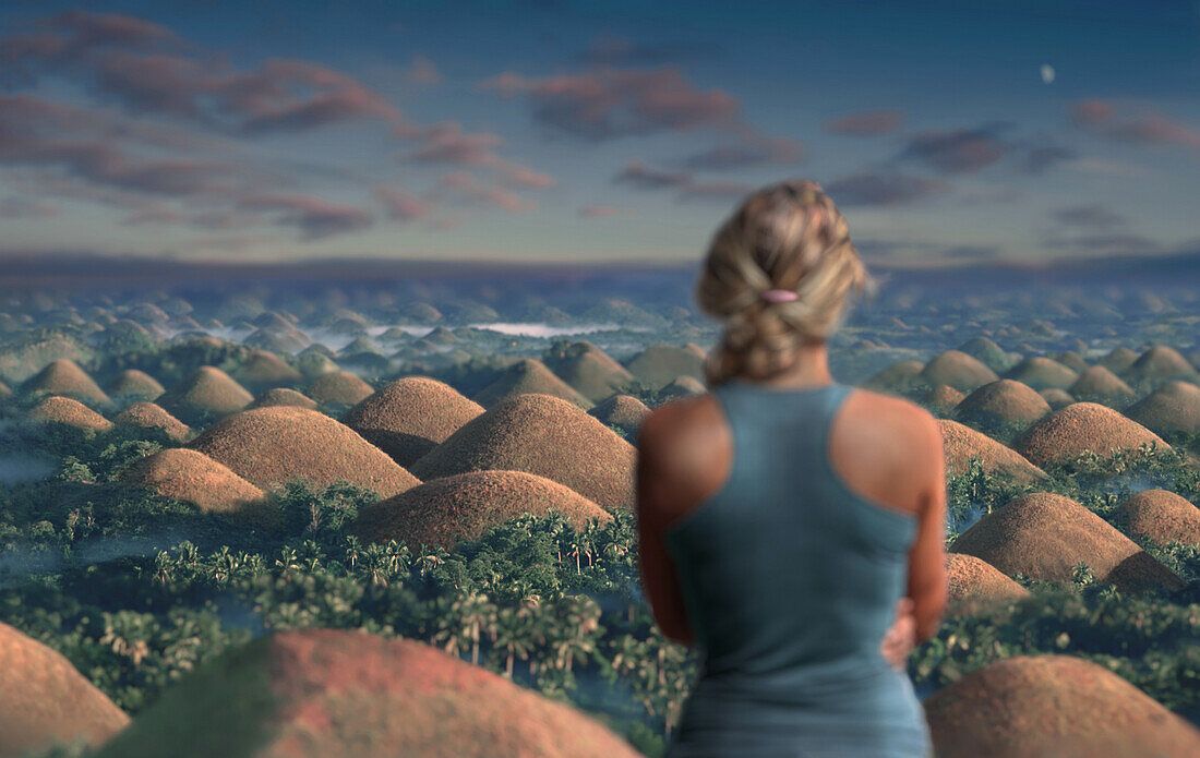 Blond female tourist overlooking Chocolate Hills, Chocolate Hills   Bohol Island