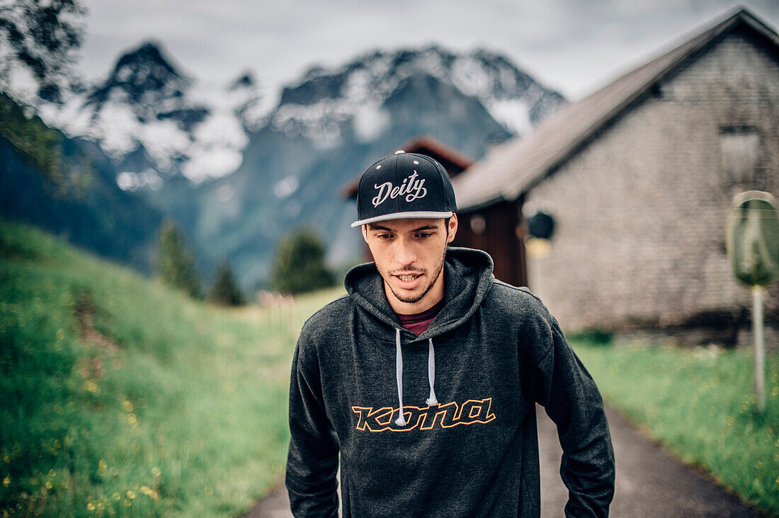 Portrait of a young Mountainbiker, Brandnertal, Vorarlberg, Austria