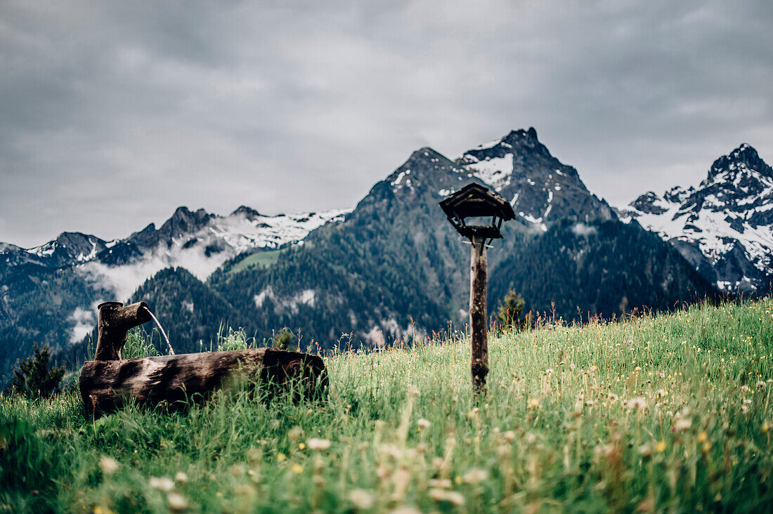 fountain at Brandnertal Valley, Vorarlberg, Austria, Mountains, Clouds