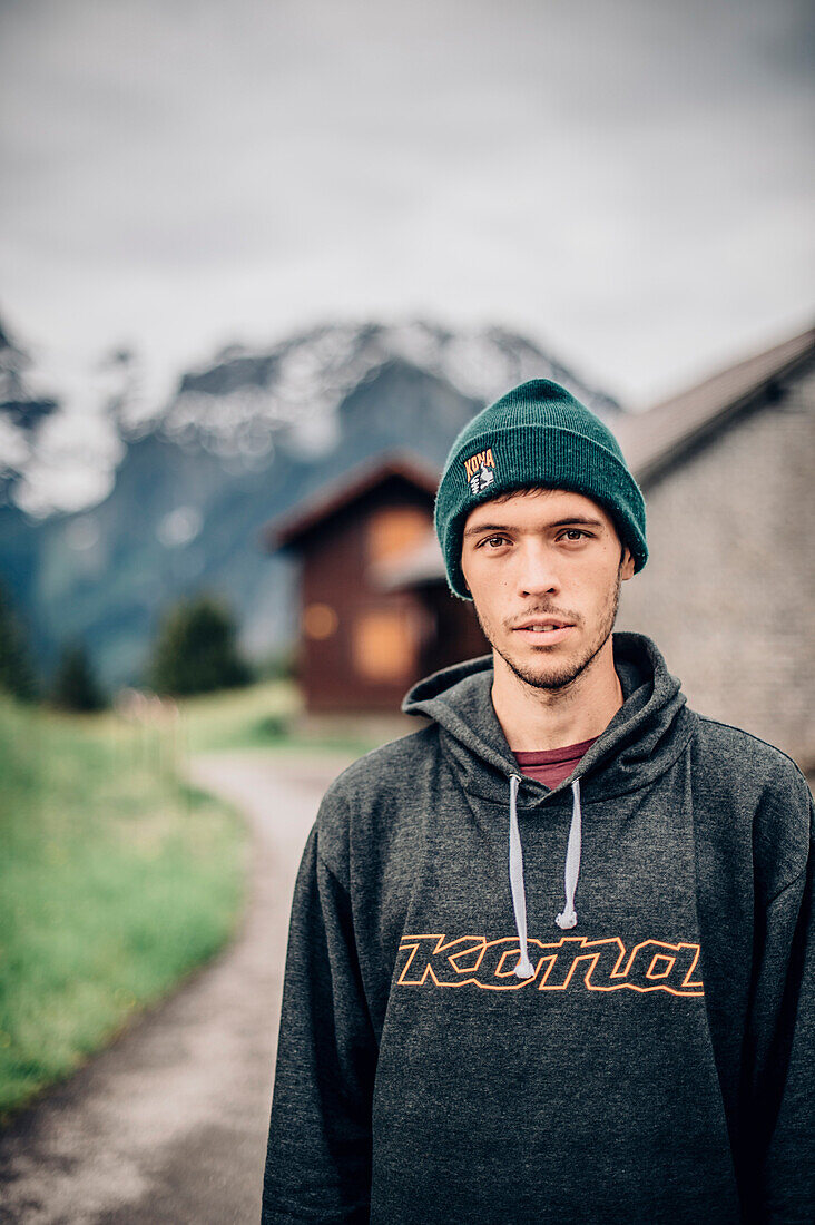 Portrait of a young Mountainbiker, Brandnertal, Vorarlberg, Austria