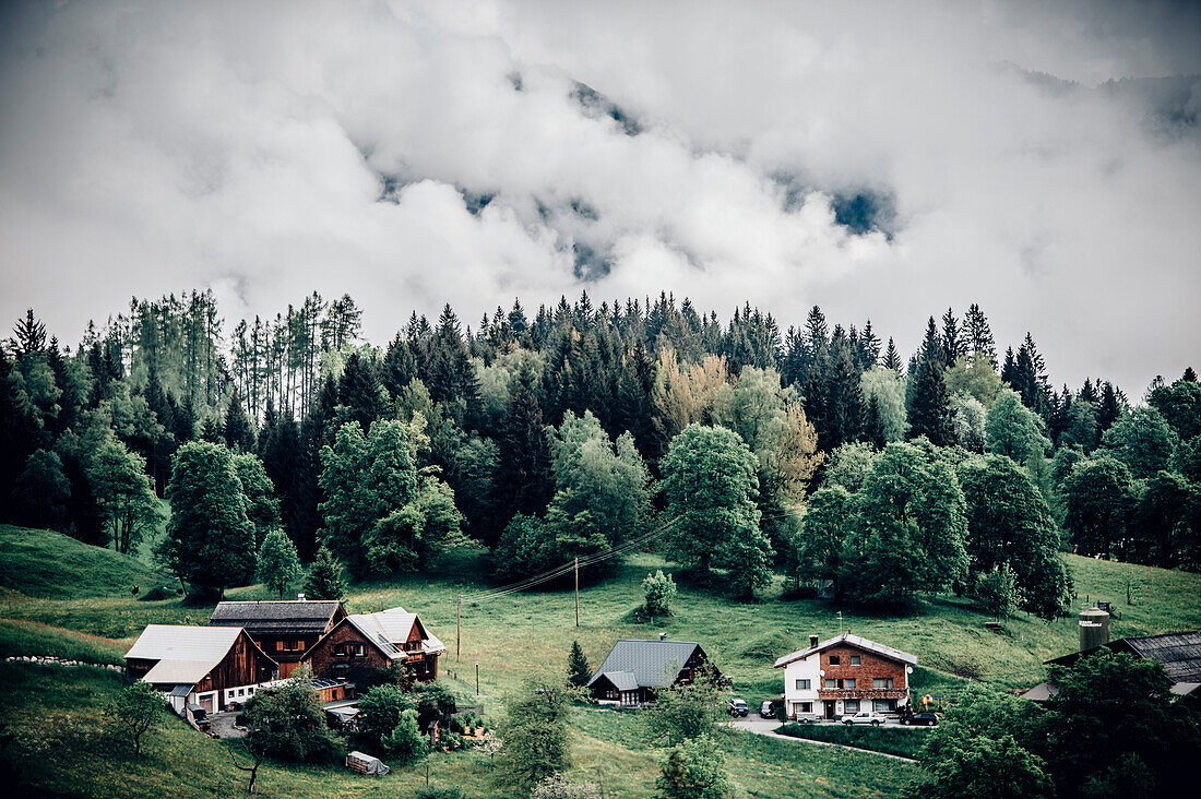 Village at Brandnertal Valley, Vorarlberg, Austria, Mountains, Clouds