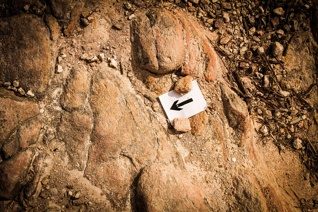 An arrow on a piece of paper pointing where the trail is leading to.