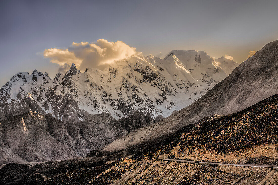 Mountains in the Karakoram Range of northern Pakistan at sunset.