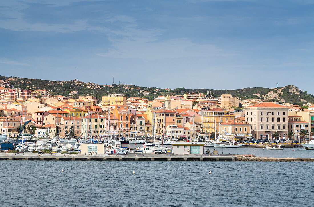 View of the characteristic harbour and blue sea of Caprera, La Maddalena Island, Sardinia, Italy, Mediterranean, Europe