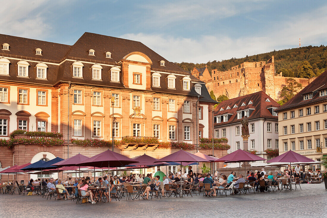 Restaurant and street cafe at the market square, town hall and castle, Heidelberg, Baden-Wurttemberg, Germany, Europe