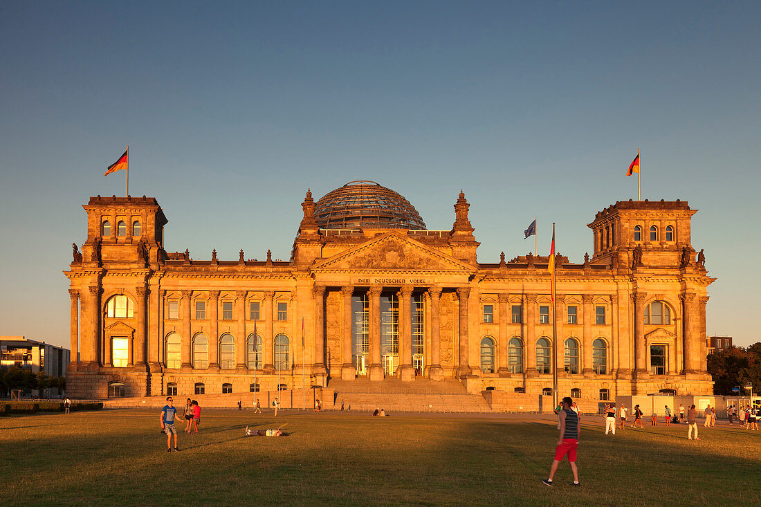 Reichstag Parliament Building at sunset, The Dome by architect Norman Foster, Mitte, Berlin, Germany, Europe