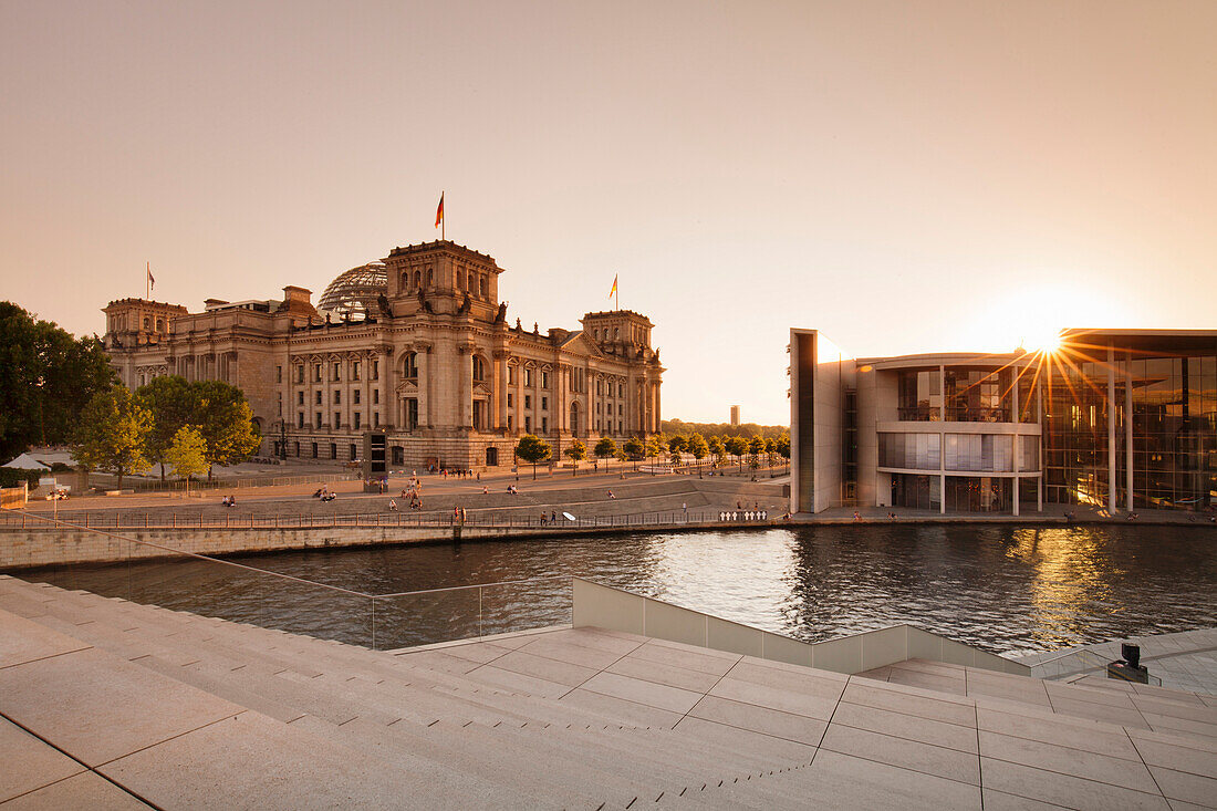 Reichstag Parliament Building at sunset, The Paul Loebe Haus building, Mitte, Berlin, Germany, Europe