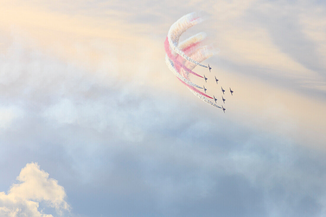 Red Arrows, Royal Air Force aerobatic display team, colourful sky, Derbyshire, England, United Kingdom, Europe