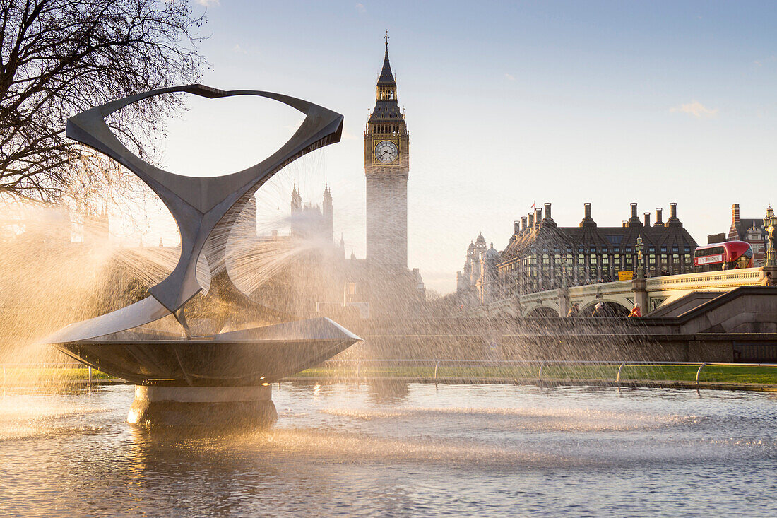 Big Ben and Gabo's Fountain, London, England, United Kingdom, Europe