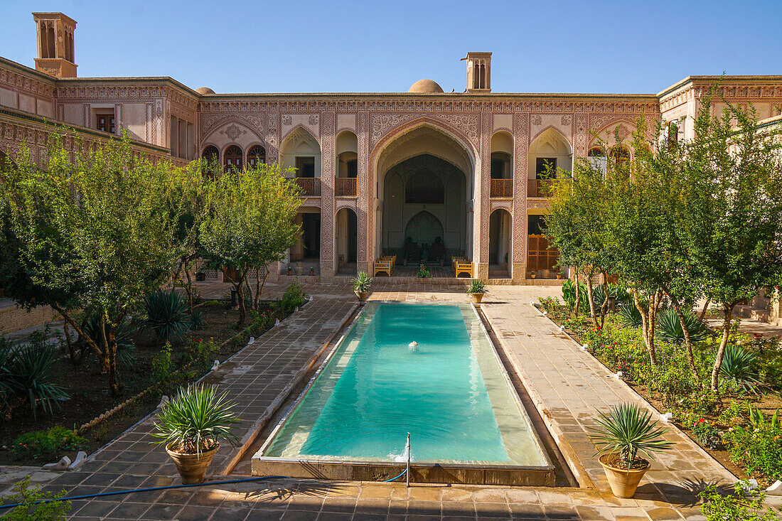 Courtyard of late 18th century Qajar Mansion, now Serai Ameriha Hotel, Kashan, Iran, Middle East