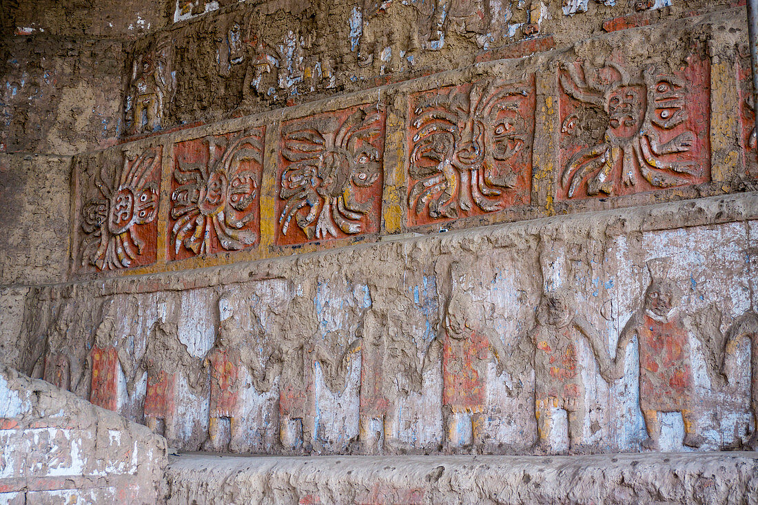 Huaca del Sol y de la Luna, precolombian (Moche) structure, polychrome friezes, Peru, South America