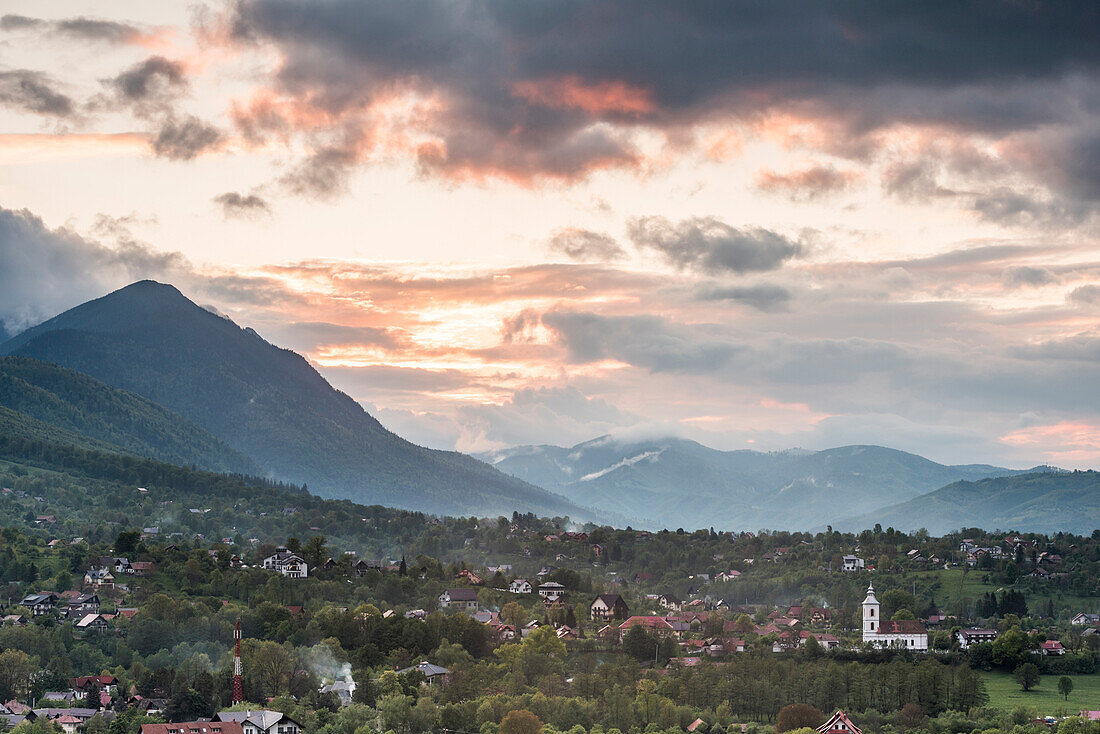 Romanian countryside surrounding Bran Castle at sunset, Transylvania, Romania, Europe