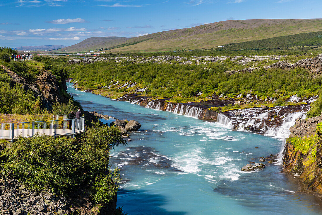 Hraunfossar, a series of waterfalls pouring into the Hvita River, Borgarfjordur, western Iceland, Polar Regions