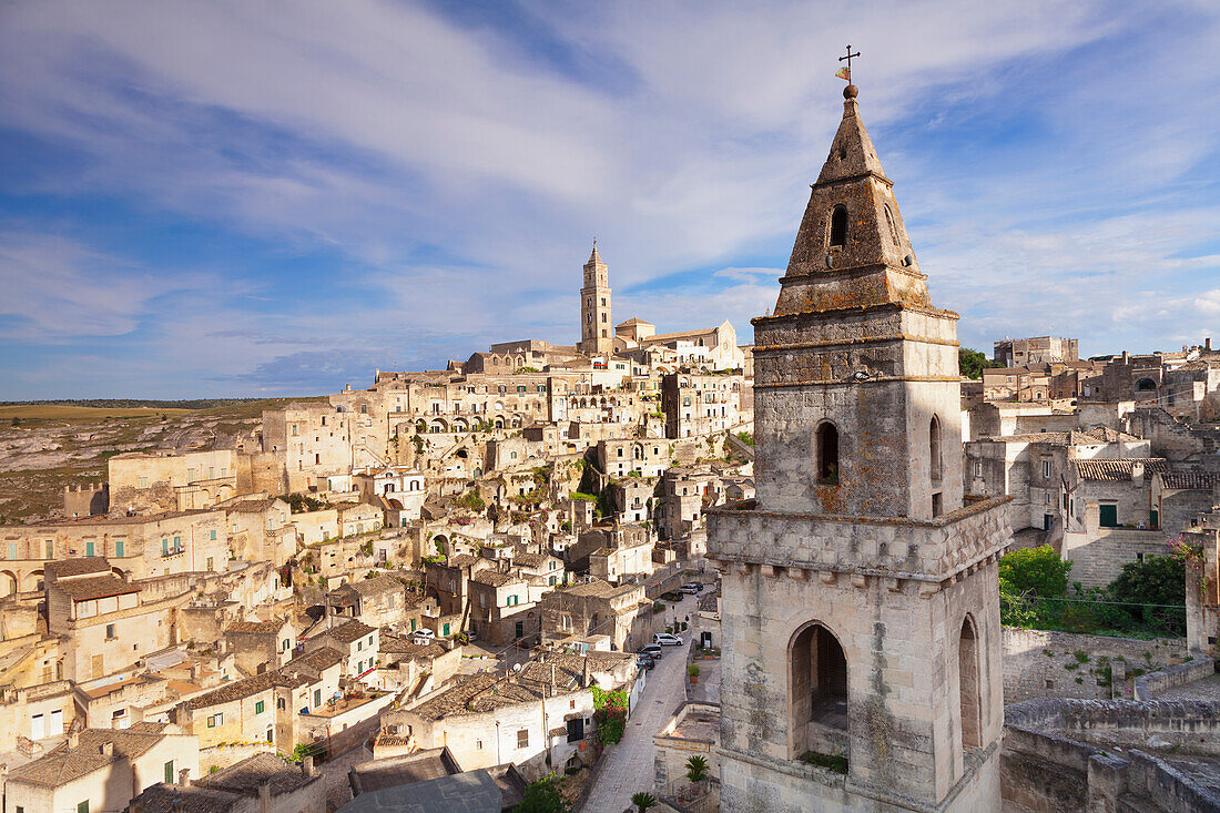 Bell tower of Chiesa di San Pietro Barisano, view over Sasso Barisano, UNESCO World Heritage Site, Matera, Basilicata, Puglia, Italy, Europe