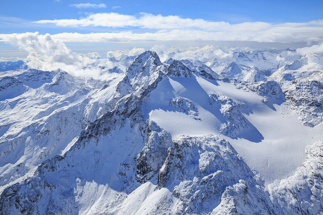 Aerial view of Peak Ferra and Peaks Piani covered with snow, Spluga Valley, Chiavenna, Valtellina, Lombardy, Italy, Europe