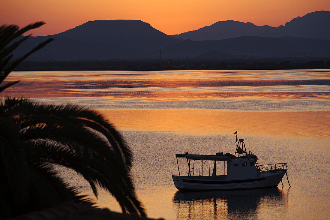 Sun rise over the lagoon of Sant'Antioco, Sardinia, Italy, Mediterranean, Europe