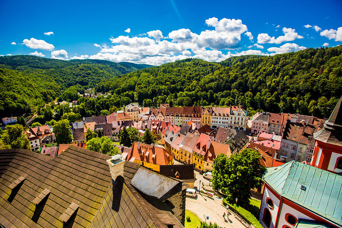 View from atop Loket Castle in the village of Loket in Karlovy Vary, Bohemia, Czech Republic, Europe