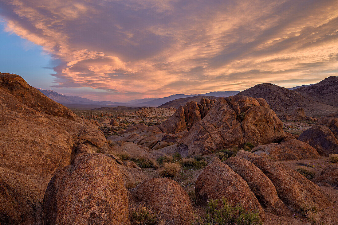 Clouds at dawn over the rock formations, Alabama Hills, Inyo National Forest, California, United States of America, North America
