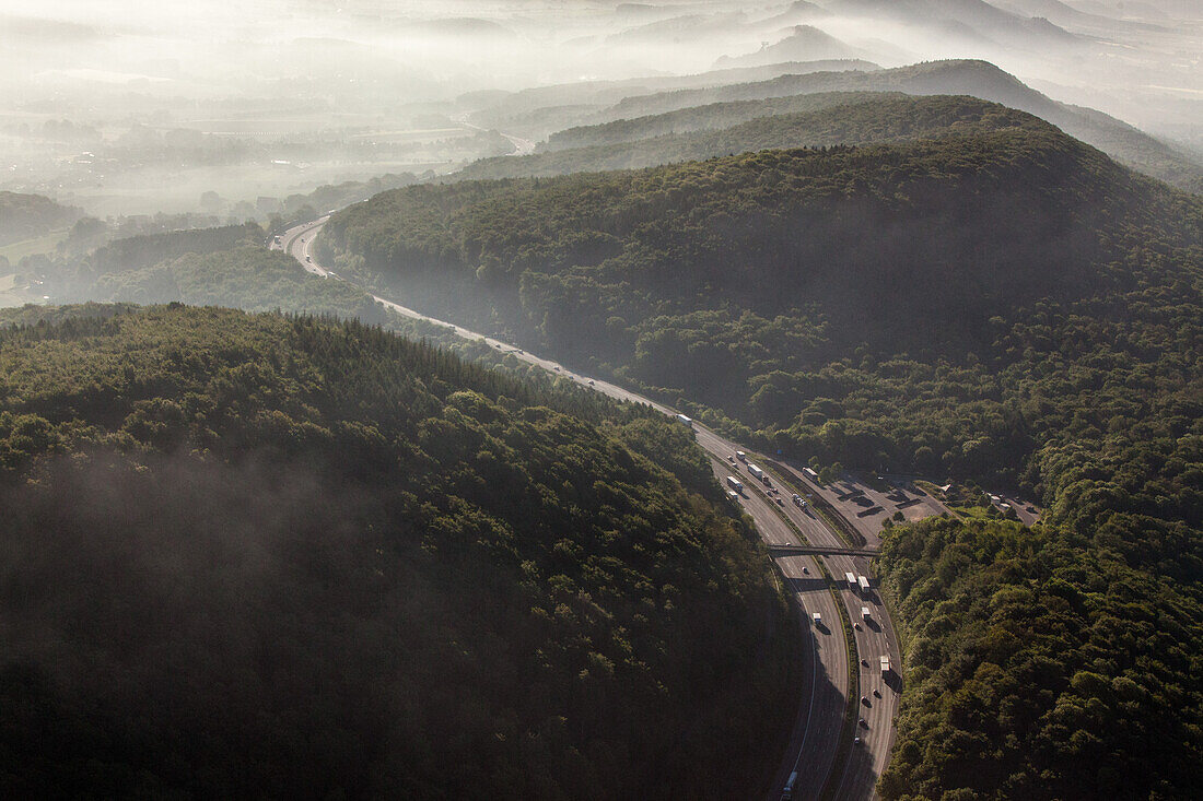 aerial, German Autobahn, A 2, Weser Hills, motorway, highway, freeway, speed, speed limit, traffic, landscape,  infrastructure, Germany