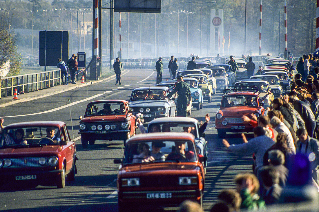 historic opening of the east German border, wall, autobahn, east German Trabant cars, traffic, 1989, Germany