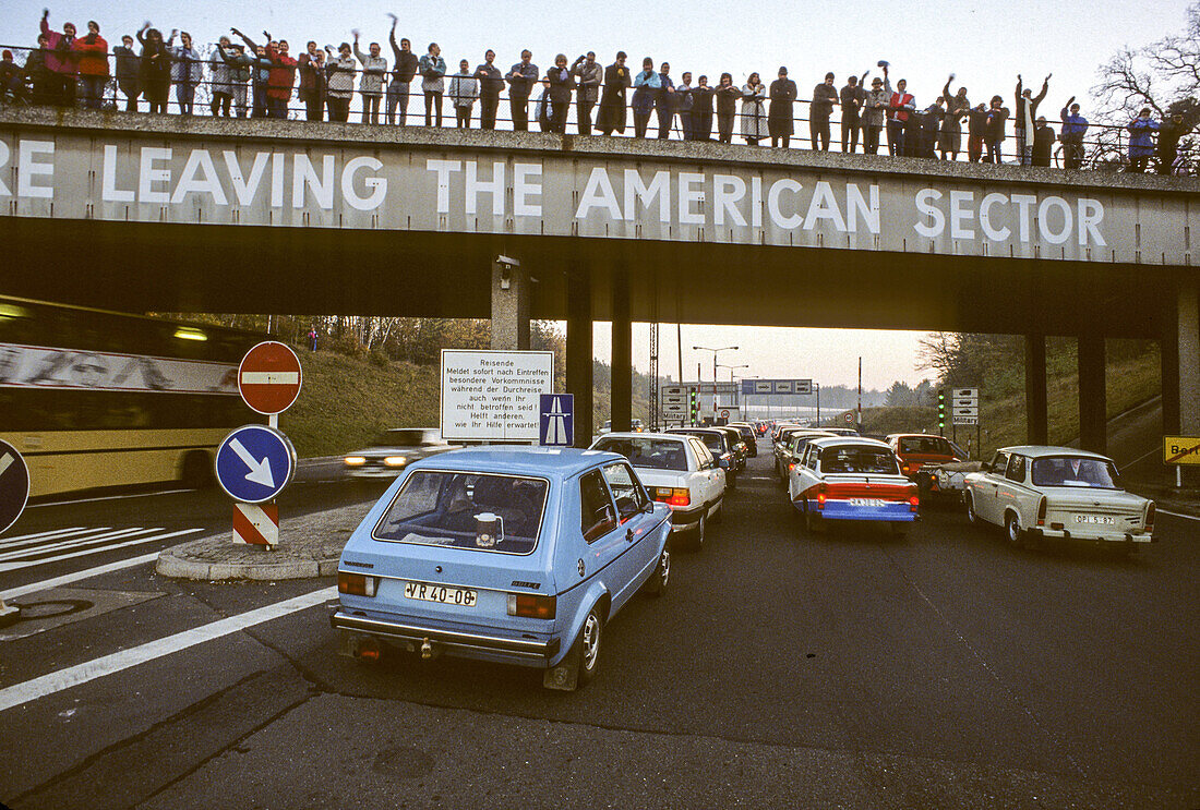 historic opening of the east German border, autobahn, celebration, east German Trabant cars, crowds, welcoming,transit  traffic, 1989, Germany