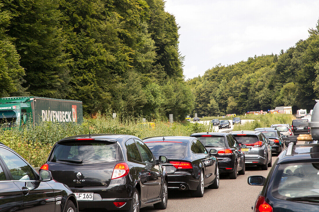 German Autobahn, traffic jam, congestion, A 3, cars, trucks, stopped, halt, motorway, highway, freeway, speed, speed limit, traffic, infrastructure, Germany