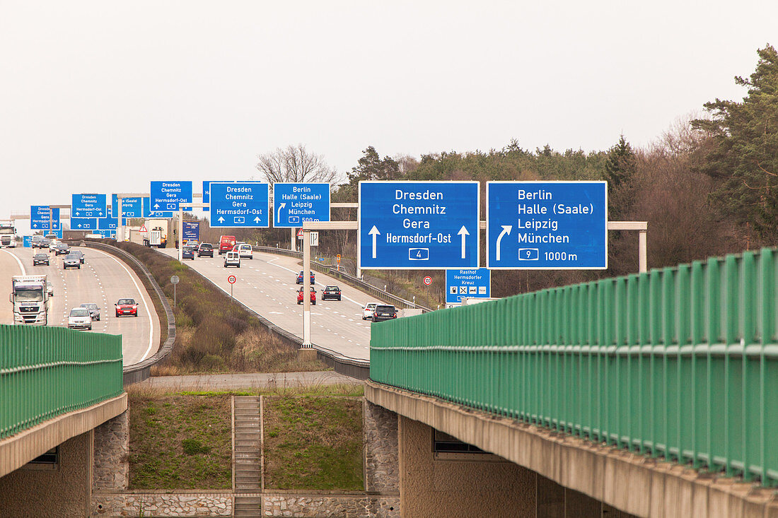 German Autobahn, A4, bridge, signage, signs,  motorway, highway, freeway, speed, speed limit, traffic, infrastructure, near Hermsdorf, Germany