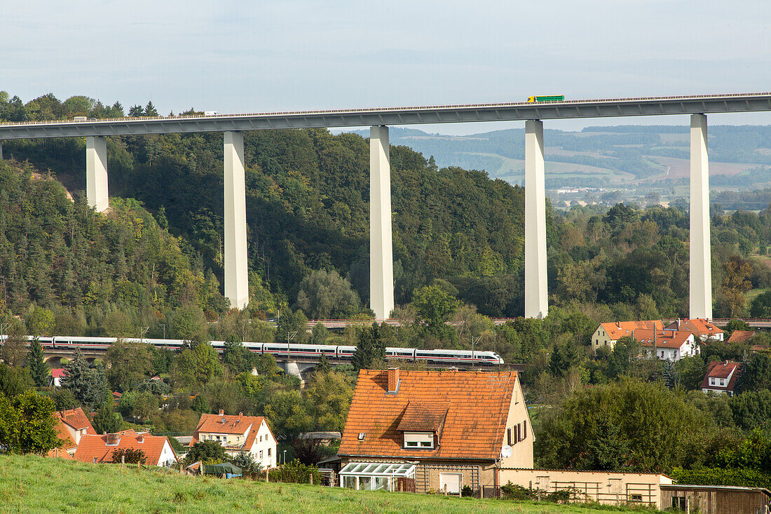 German Autobahn, A4, Werratal bridge, concrete construction, ICE train, valley, houses, farmland, motorway, highway, freeway, speed, speed limit, traffic, infrastructure, Germany