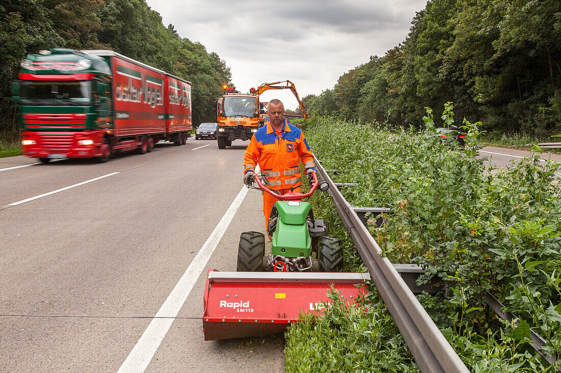German Autobahn, A 7, motorway maintenance, hedge and verge trimming, freeway, speed, speed limit, traffic, job, danger,  infrastructure, Germany