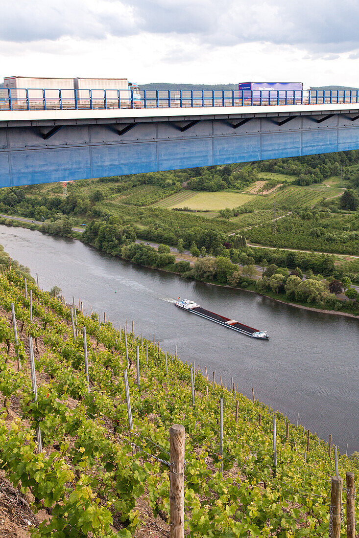 German Autobahn, bridge over the Moselle River and vineyards, barge, motorway, freeway, speed, speed limit, traffic, infrastructure, Germany