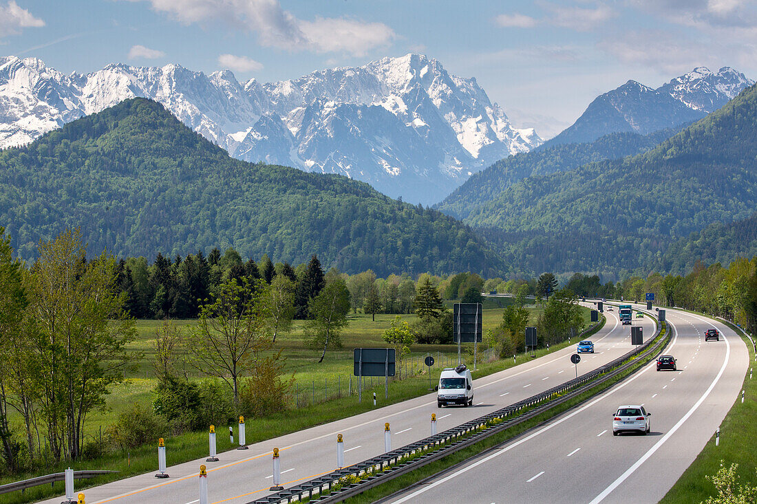 German Autobahn, A 7, Alp panorama, Alps, landscape, farming, green pastures, hills, curve,  motorway, highway, freeway, speed, speed limit, traffic, infrastructure, hills, Bavaria, Germany