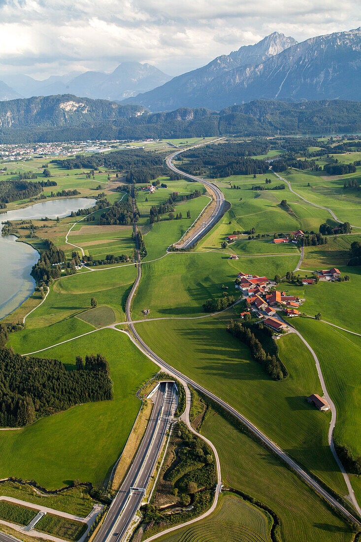 aerial, German Autobahn, A 7, near Füssen, Alps, landscape, motorway, highway, freeway, speed, speed limit, traffic, infrastructure, Germany