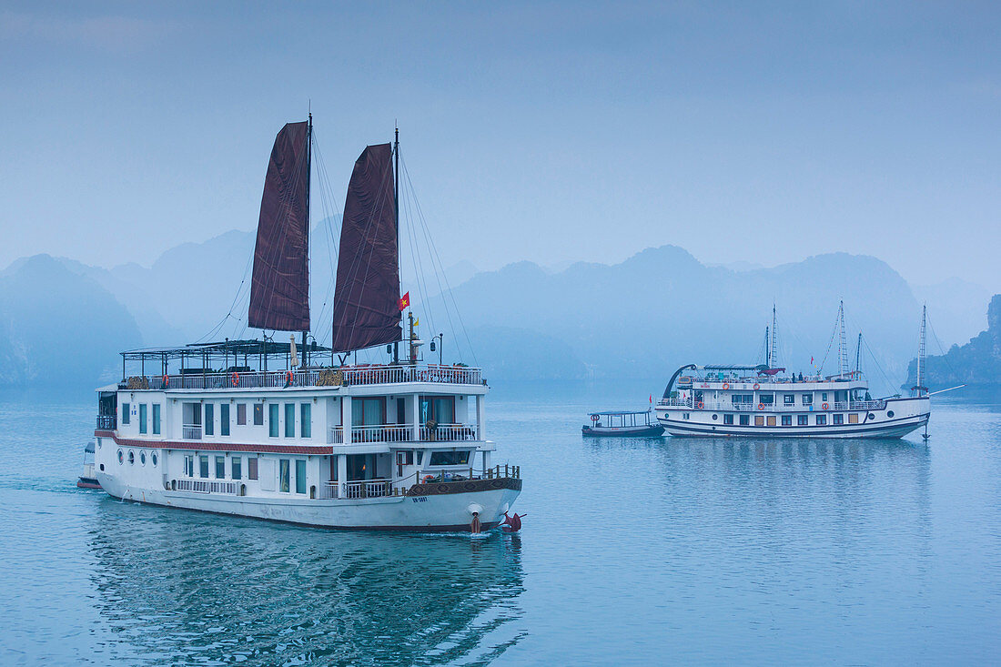 Vietnam, Halong Bay, tourist boats, dawn.