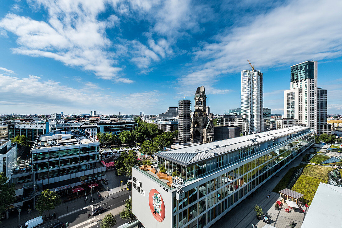 view over Berlin with the Bikini shopping center, Gedaechnis church and the Waldorf Astoria building, Berlin, Germany