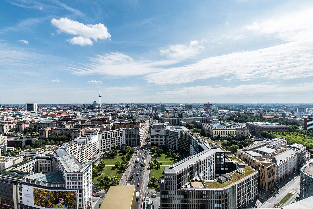 view from Potsdamer Platz to Leipziger Strasse and TV Tower in the background, Berlin, Germany