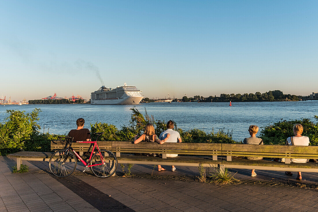 People watching a cruise liner on the Elbe in Hamburg, north Germany, Germany