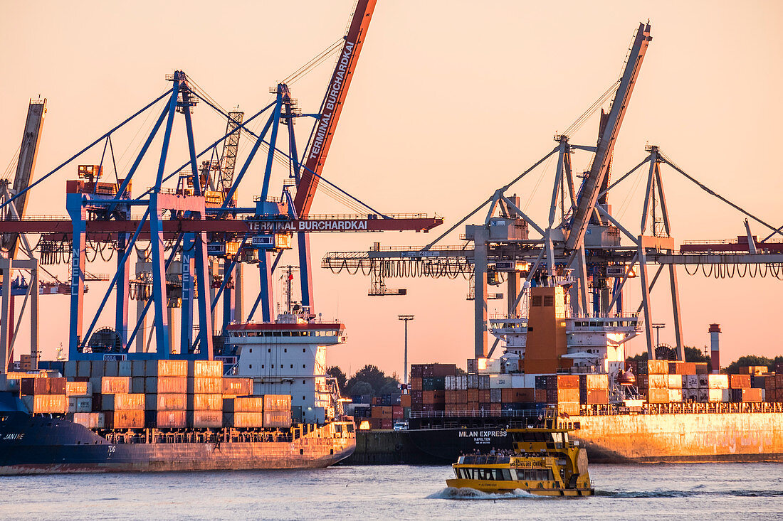 Sunset with container ships in Hamburg harbour, north Germany, Germany