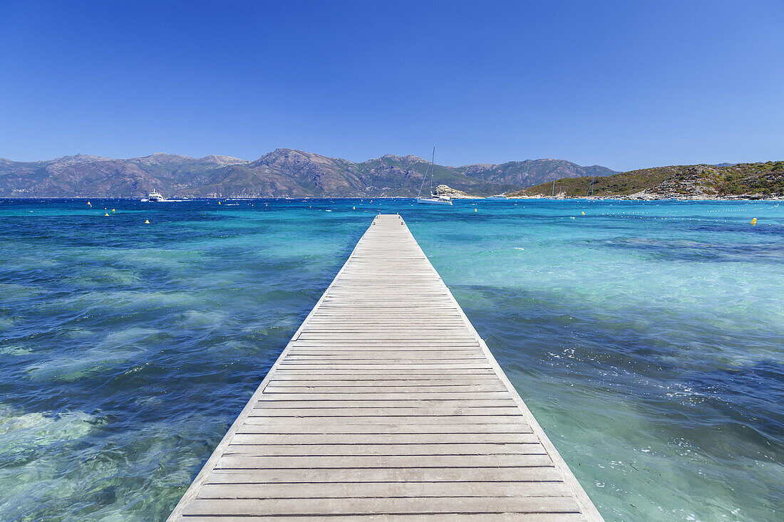Jetty of ferry on beach Plage de Loto in the Desert of Agriates, near Saint-Florent, Corsica, Southern France, France, Southern Europe
