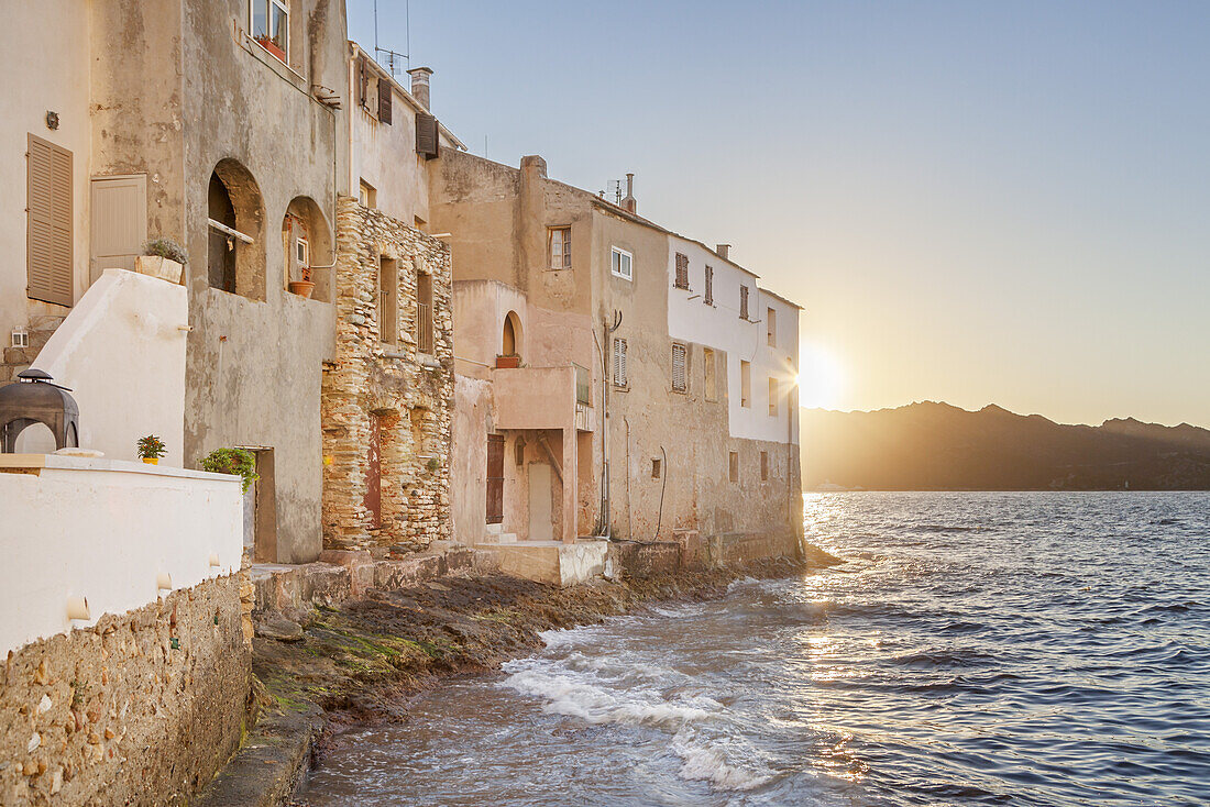 Houses by the Mediterranean Sea in Saint-Florent, Corsica, Southern France, France, Southern Europe