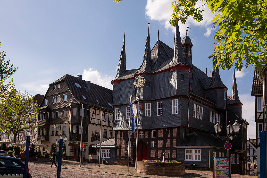 Frankenberg town hall with the 10 towers, a historic half-timbered building with Rathausschirn, the market hall in the heart of the old city center Frankenberg (Eder), Hesse, Germany, Europe