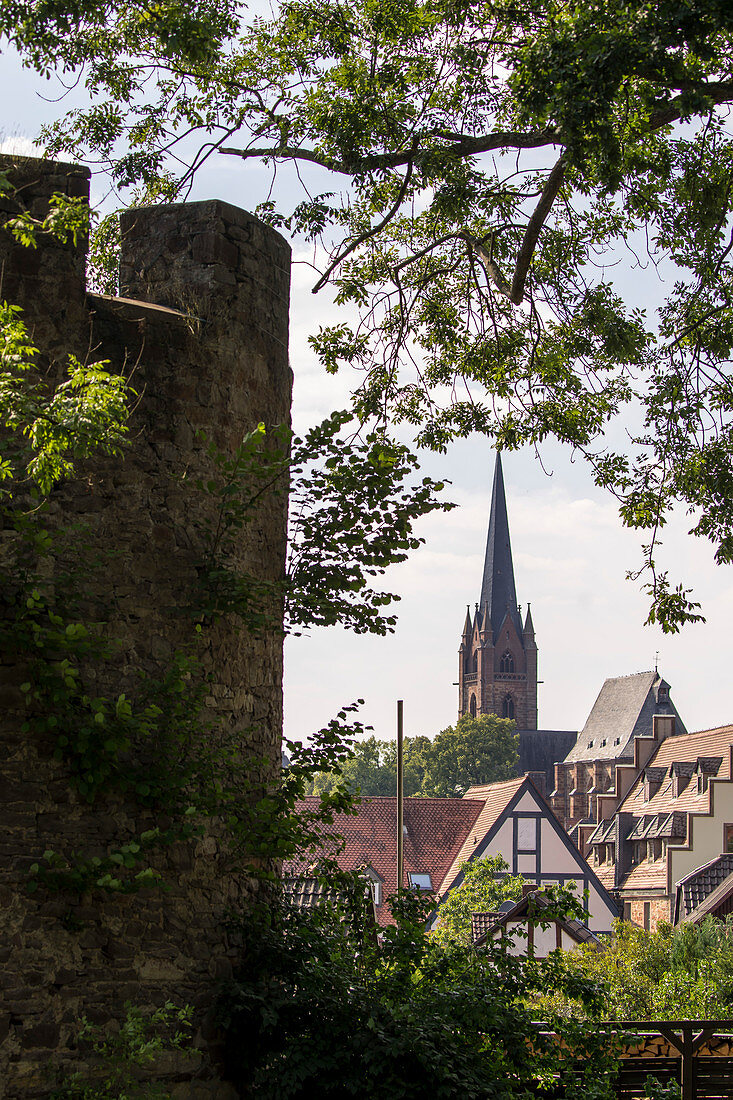 View from Hexenturm witch tower to Liebfrauenkirche church Frankenberg (Eder), Hesse, Germany, Europe