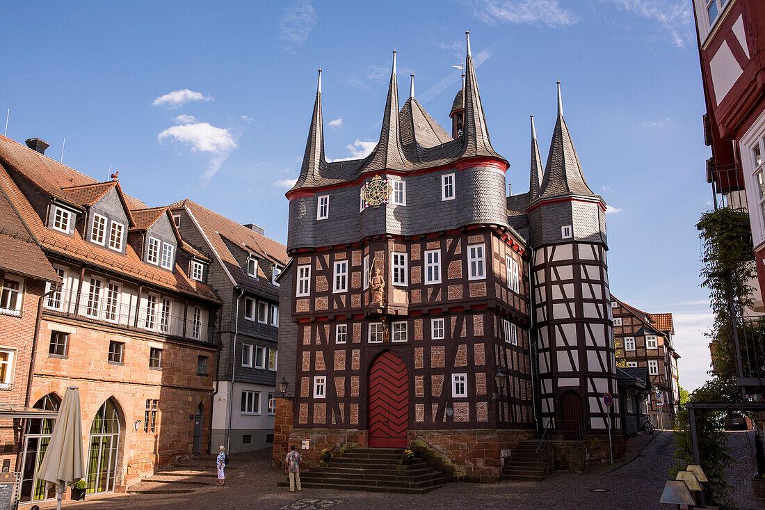 Frankenberg town hall with the 10 towers, a historic half-timbered building with Rathausschirn, the market hall in the heart of the old city center Frankenberg (Eder), Hesse, Germany, Europe
