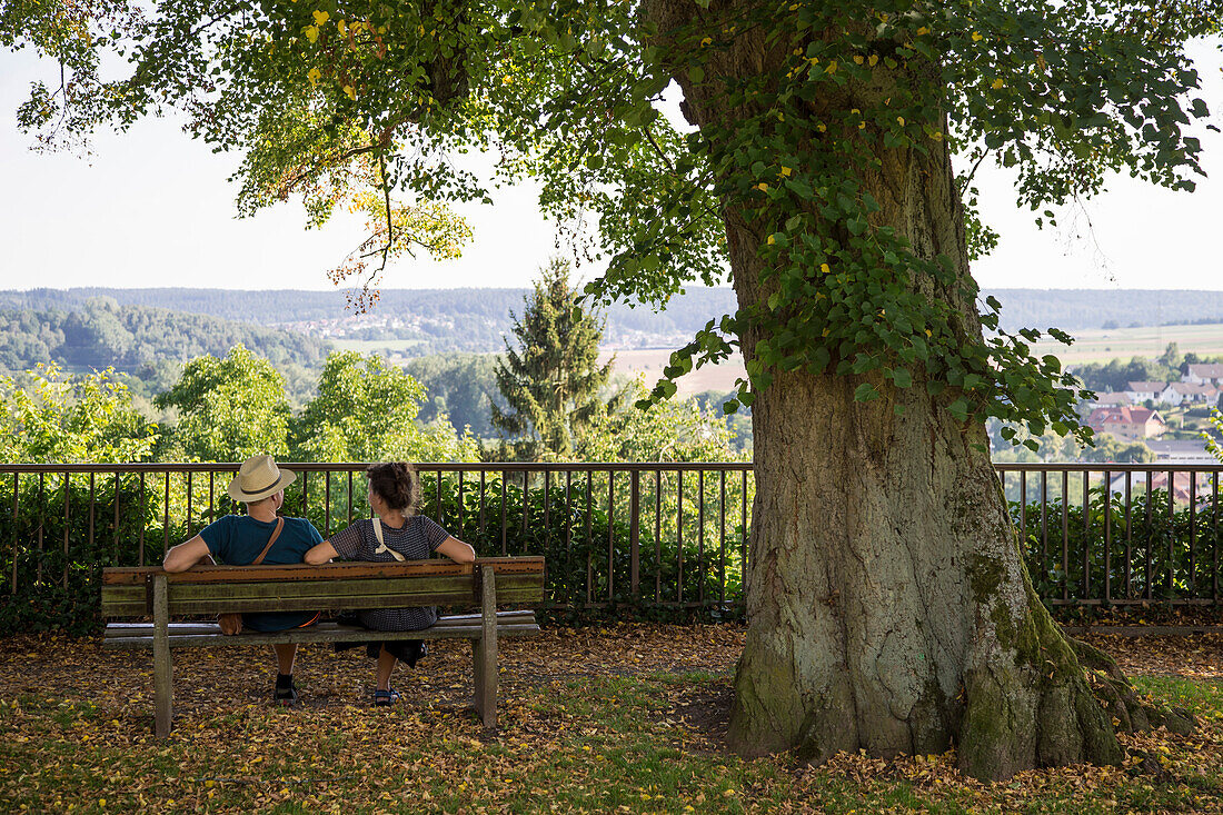 A couple sits on a bench beneath an old limetree on the Burgberg hill Frankenberg (Eder), Hesse, Germany, Europe