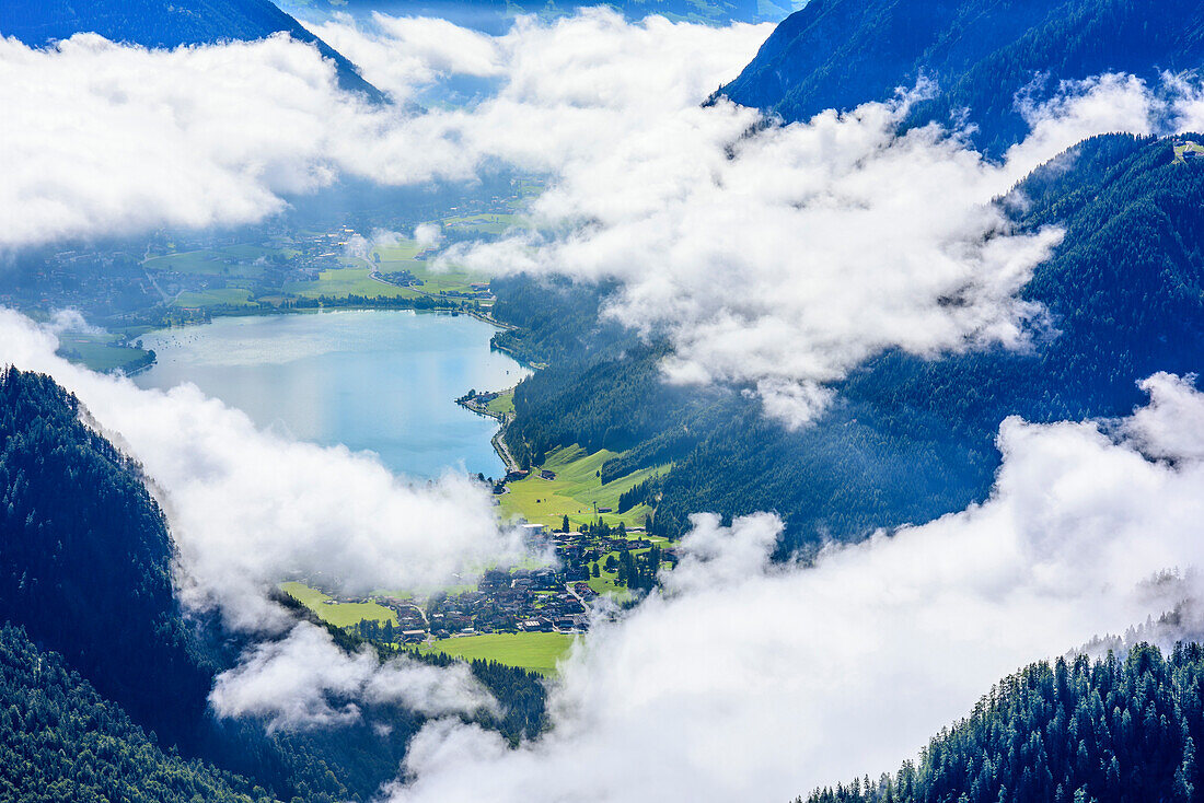 View towards lake Achensee, from Mondscheinspitze, Natural Park Karwendel, Karwendel range, Tyrol, Austria