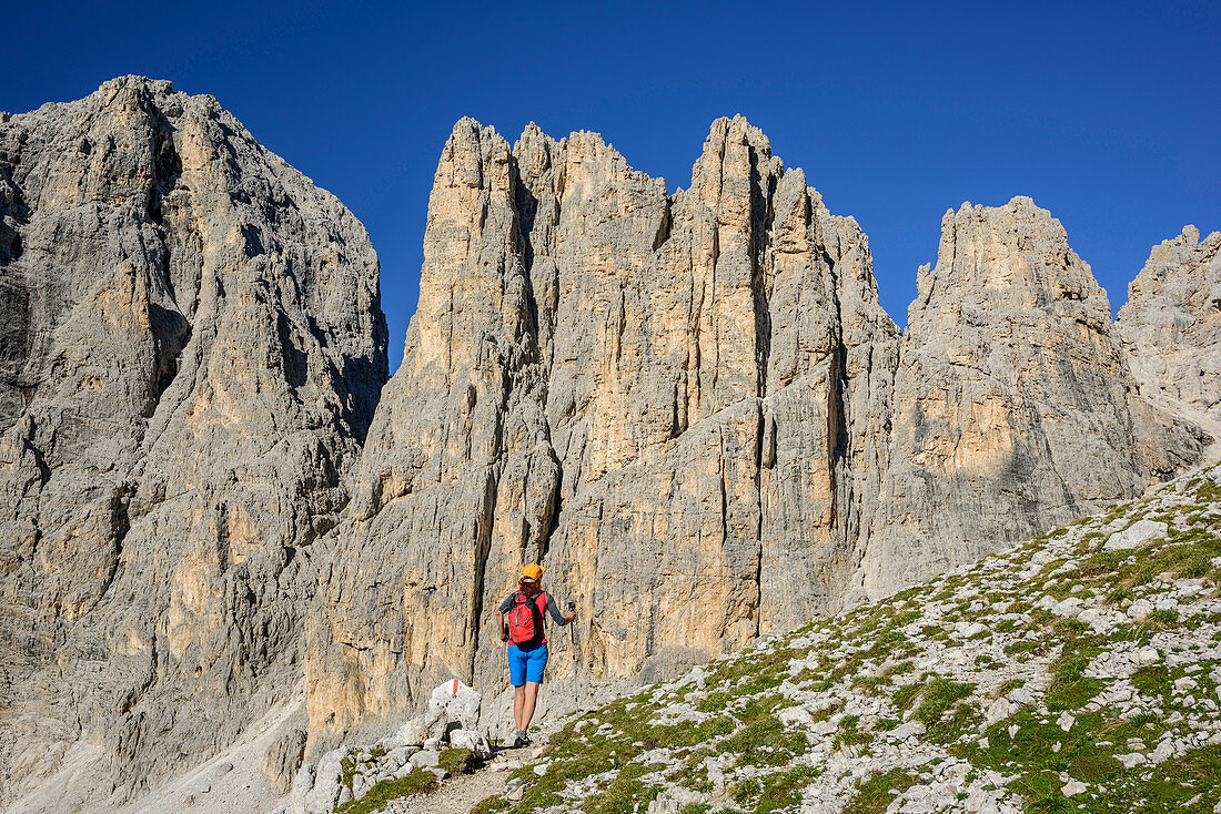 Frau beim Wandern geht auf Felswand zu, Cima la Fradusta, Val Canali, Pala, Dolomiten, UNESCO Weltnaturerbe Dolomiten, Trentino, Italien