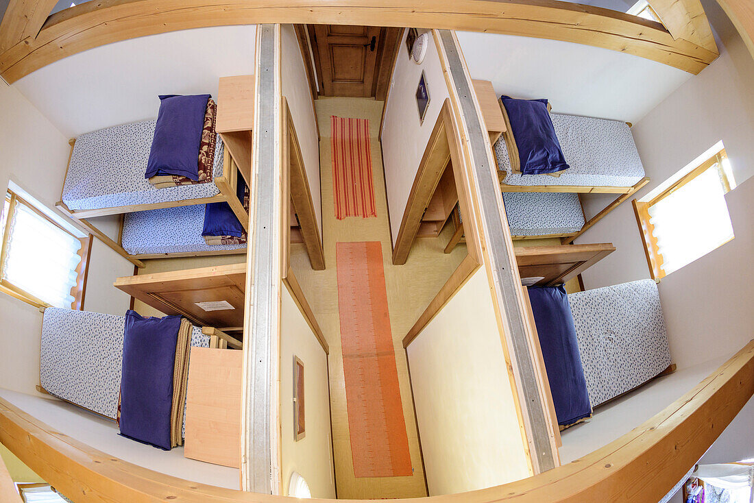 View into communal bunks with open roof, hut Rifugio Treviso Val Canali, Val Canali, Pala Group, Dolomites, UNESCO World Heritage Site Dolomites, Trentino, Italy