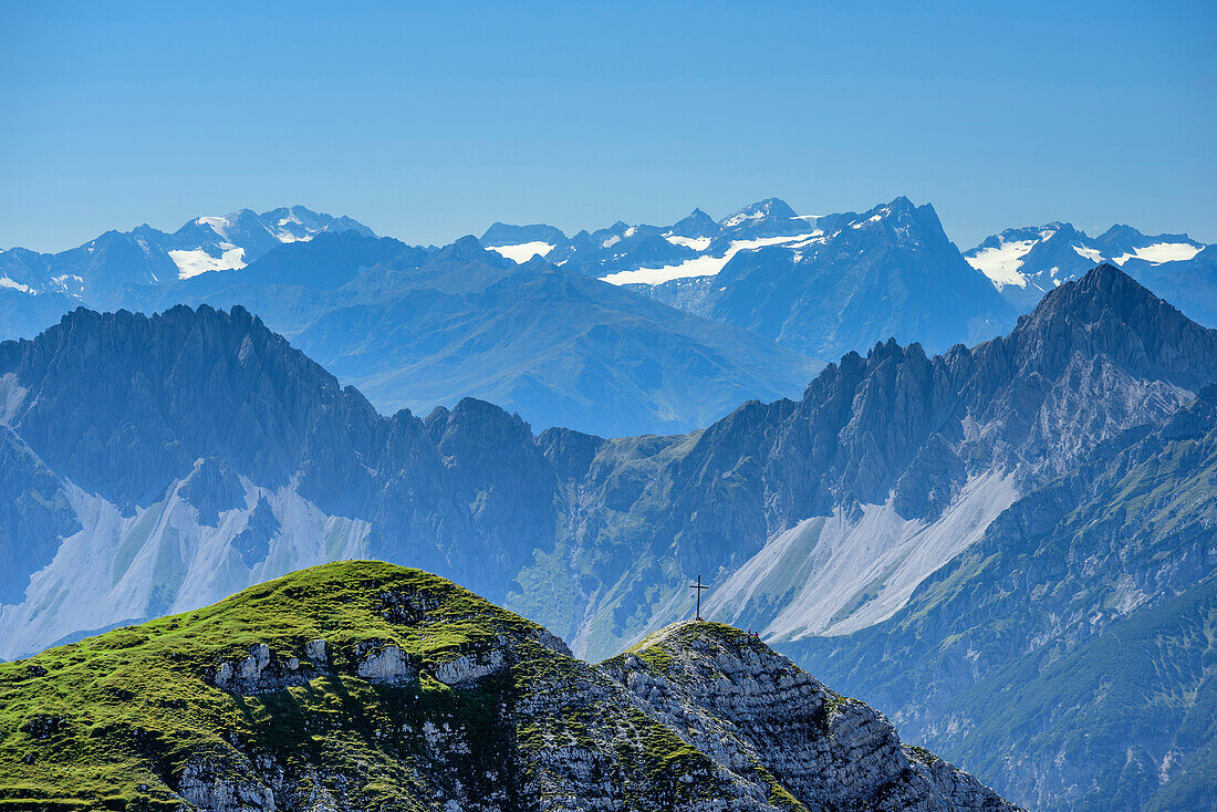 View towards Rotwandlspitze and Stubai Alps in background, from fixed-rope route Mittenwalder Hoehenweg, Karwendel range, Upper Bavaria, Bavaria, Germany