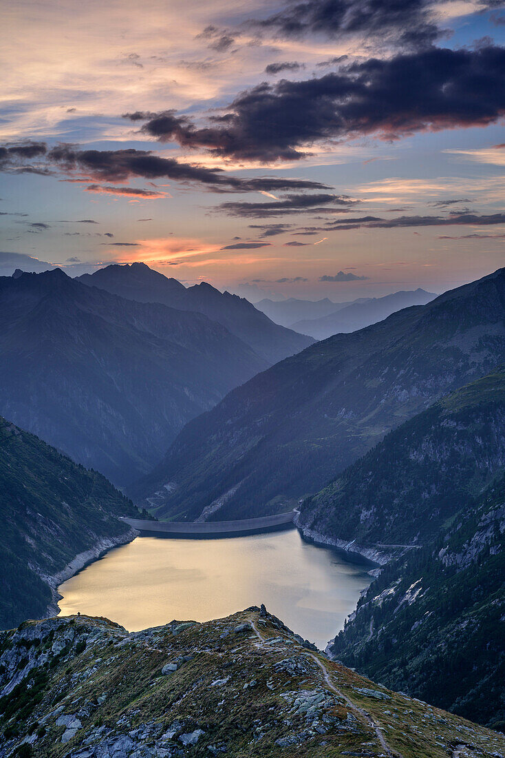 Barrier lake Zillergrund, hut Plauener Huette, Zillergrund, Reichenspitze group, Zillertal Alps, Tyrol, Austria