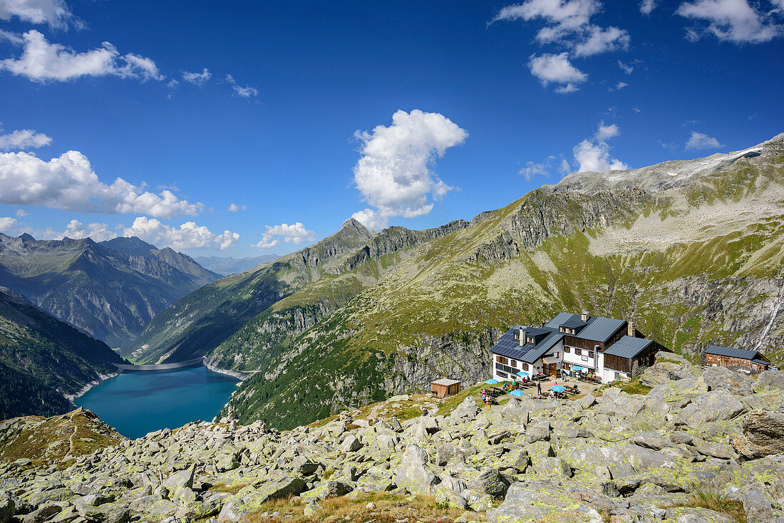 Hut Plauener Huette with barrier lake Zillergrund, Reichenspitze group, Zillertal Alps, Tyrol, Austria